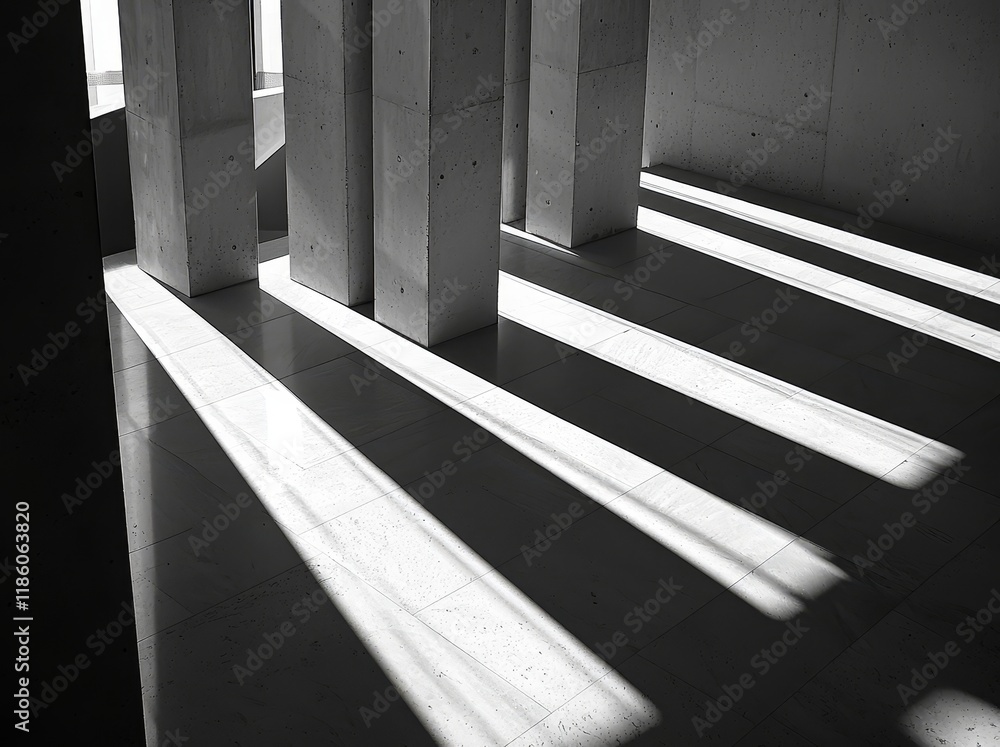 Poster a modern building featuring concrete columns and architectural highlights, emphasizing space perspec