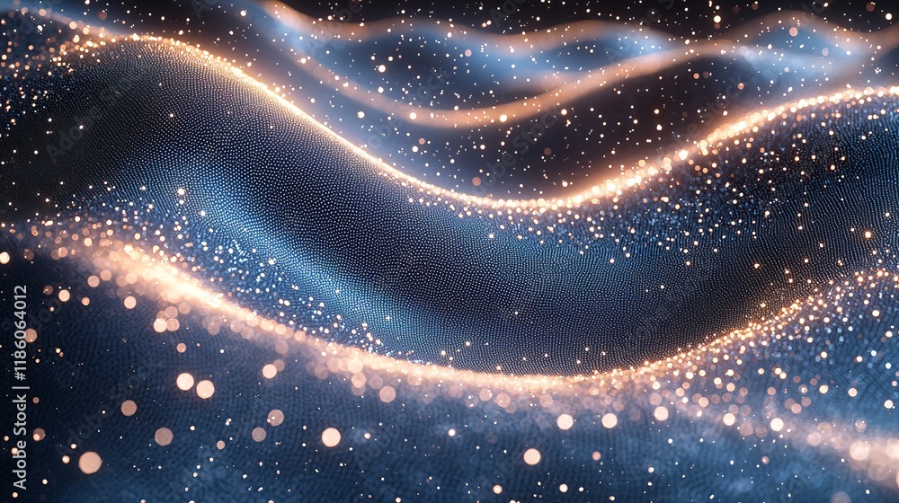 Poster an abstract mesh displaying wave motion and depth of field, with interconnected data nodes, stock ph