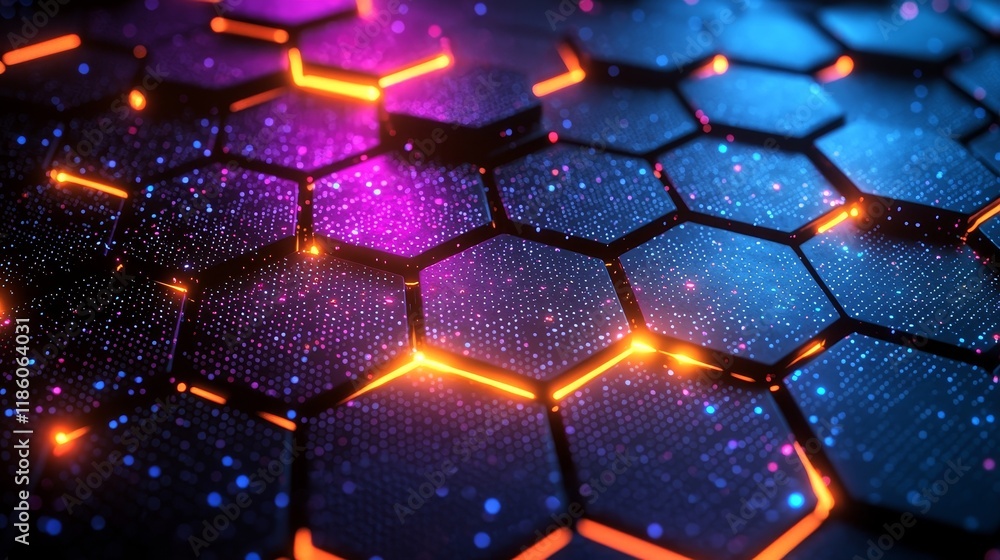 Poster glowing, waving hexagon line dots connect technology futuristic animation background, 3d rendering