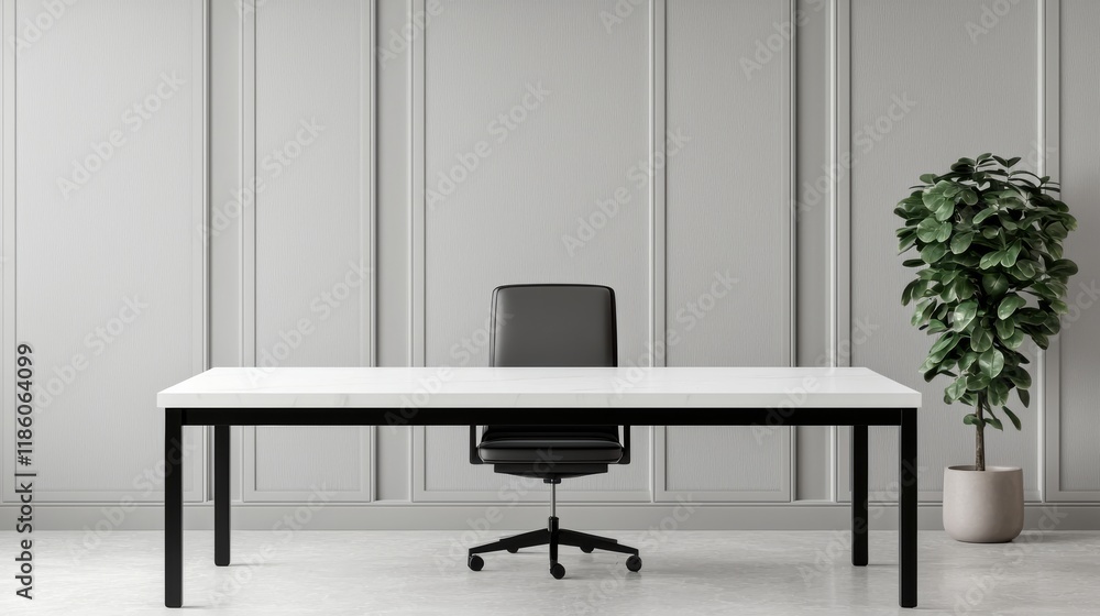 Poster Modern minimalist office with empty table and chair promoting a clean workflow