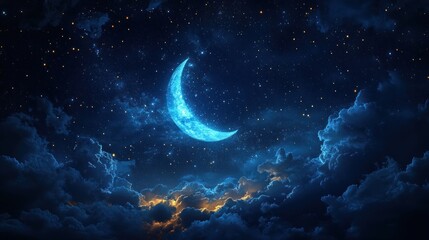 Fototapeta premium Crescent moon shining brightly in a night sky filled with stars and clouds.