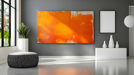 A sleek modern room with a bold orange abstract painting, grey walls, and white furniture, for a fresh and contemporary atmosphere.