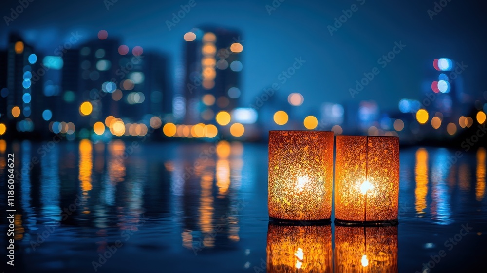 Poster tranquil evening scene with floating lanterns on water surface reflecting city lights, creating a pe