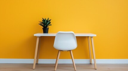 Minimalist home office setup featuring an empty table, natural lighting, and clean lines