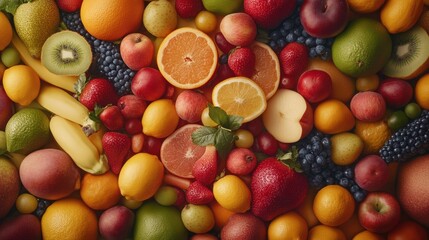 Fresh Assortment of Colorful Fruits on Wooden Table Background