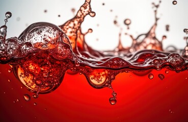 Red soda water splashes in close-up view. Bubbles, droplets create dynamic texture. Dew point appears on glass surface. Refreshing drink imagery. Photo suitable for beverage ads, restaurants, social