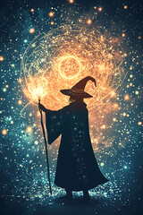 A silhouette of a wizard casting magic against a cosmic background filled with stars.