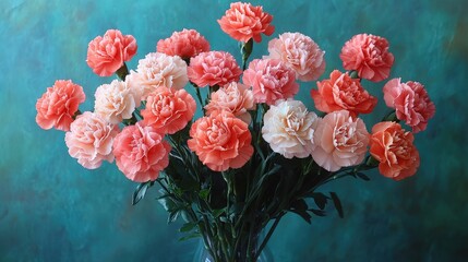 Fototapeta premium Vibrant and Delicate Carnations in a Glass Vase Against a Soft Turquoise Background, Perfect for Floral Arrangements, Weddings, and Home Decor