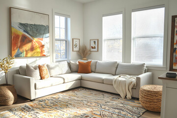 A stylish living room with a corner sofa, art, blinds, and a cozy rug for added comfort.