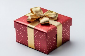 Obraz premium Elegant Red Gift Box with Gold Ribbon and Dots on White Background