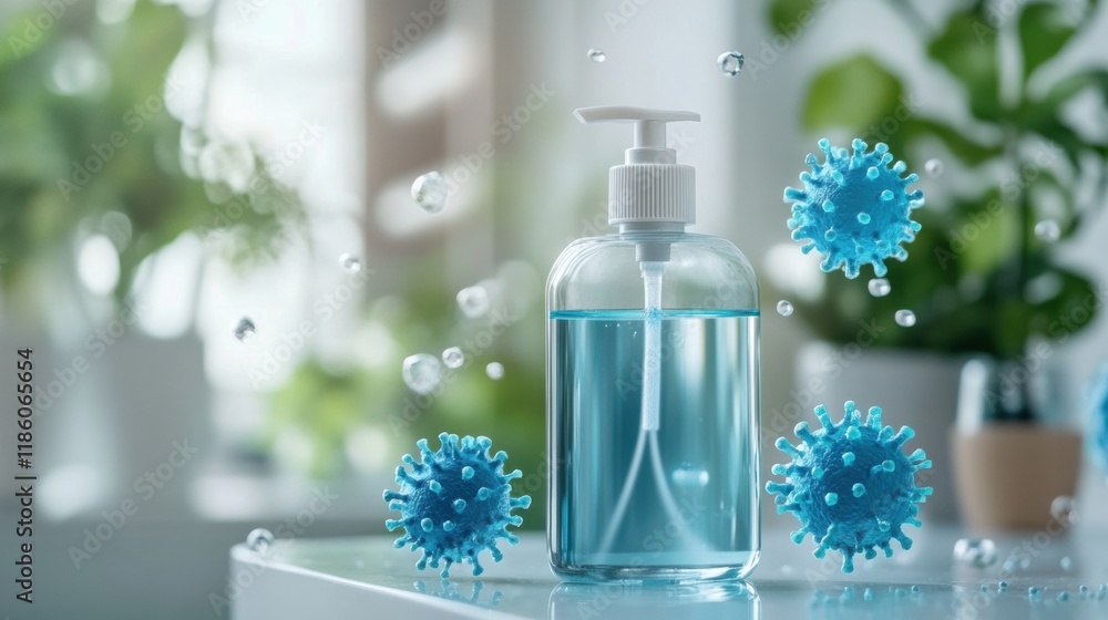 Aufkleber Droplets of sanitizer interact with bacteria while providing effective germ elimination in a bright indoor setting. Generative AI