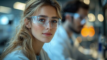 A focused female scientist wearing safety glasses in a lab setting. Ideal for STEM education, research, and healthcare applications.
