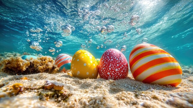 Colorful easter eggs underwater with bubbles in a vibrant ocean scene. Easter, Pascha, Paskha, Ostern, Pascua, Paques - Orthodox and Catholic Holiday celebration