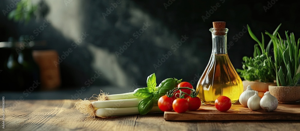 Fototapete Cooking ingredients on a wooden table include spring onion basil tomato and olive oil. with copy space image. Place for adding text or design
