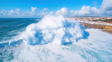 A stunning aerial view of a massive wave crashing against the shoreline, showcasing the power of the ocean under a bright blue sky.