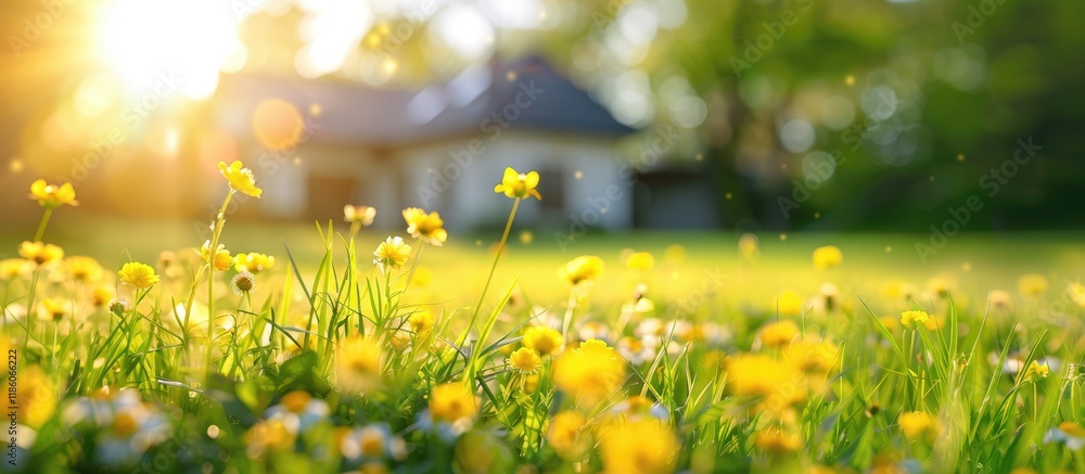 Fototapete abstract background with a blurred radial effect featuring yellow flowers and a green lawn behind a 