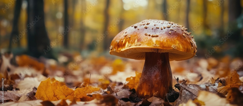 Aufkleber beautiful porcini mushroom thriving in the forest on an autumn day. with copy space image. place for