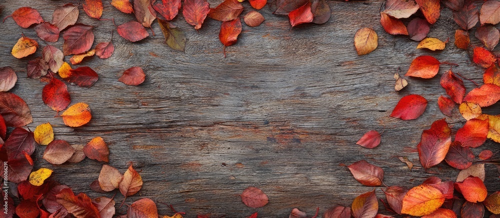 Poster autumn leaves on a timber background. with copy space image. place for adding text or design