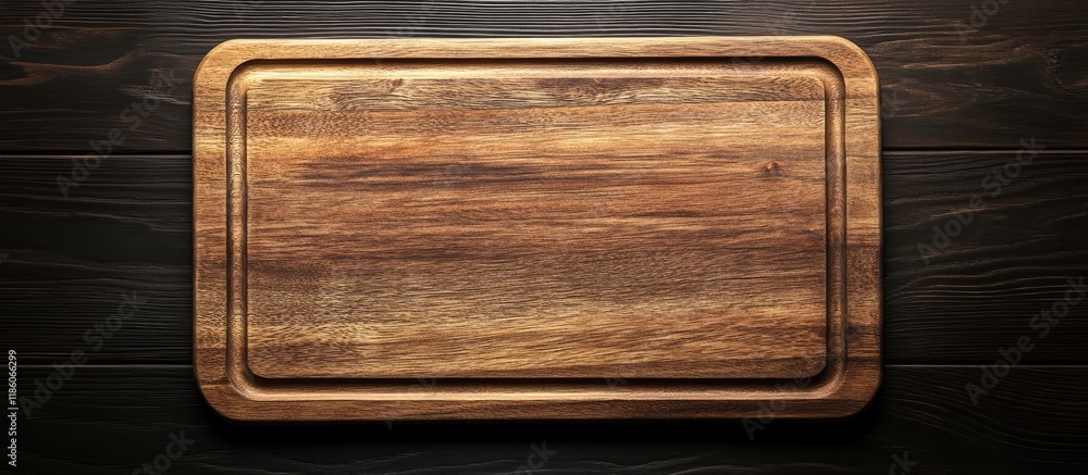 Poster wooden cutting board or serving board viewed from above with copyspace for design elements or text