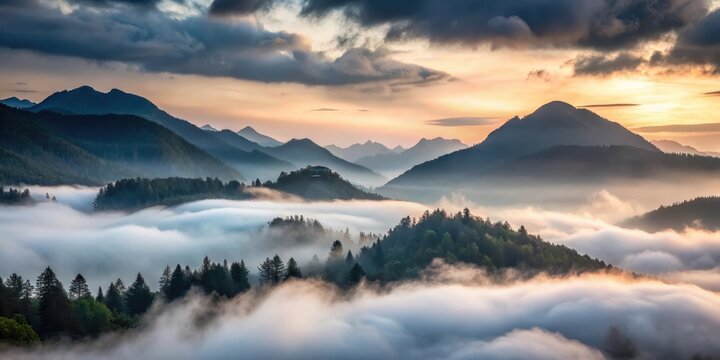 Misty mountain landscape at dawn with dark gray clouds and fog rolling in slowly, nature, atmosphere,  nature