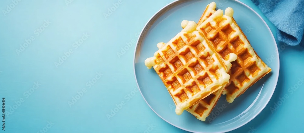 Aufkleber Homemade Belgian waffles on a blue plate Focused selection. with copy space image. Place for adding text or design