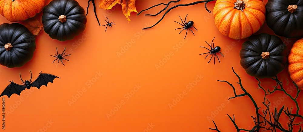 Poster Decorative Halloween backdrop Bats spiders branches and black and orange pumpkins arranged on an orange background in a flat lay style. with copy space image. Place for adding text or design