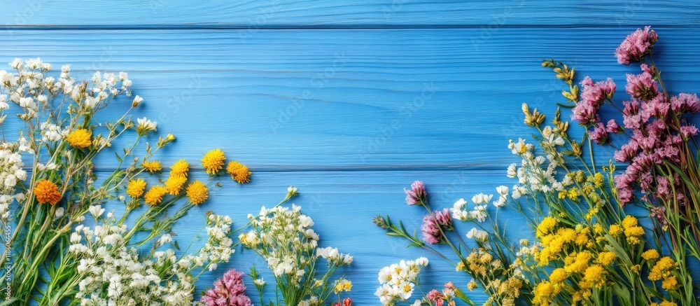 Poster herbal flowers on a blue wooden tabletop background. with copy space image. place for adding text or