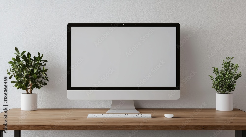 Poster modern minimalist office with computer showing blank screen, perfect for showcasing your design