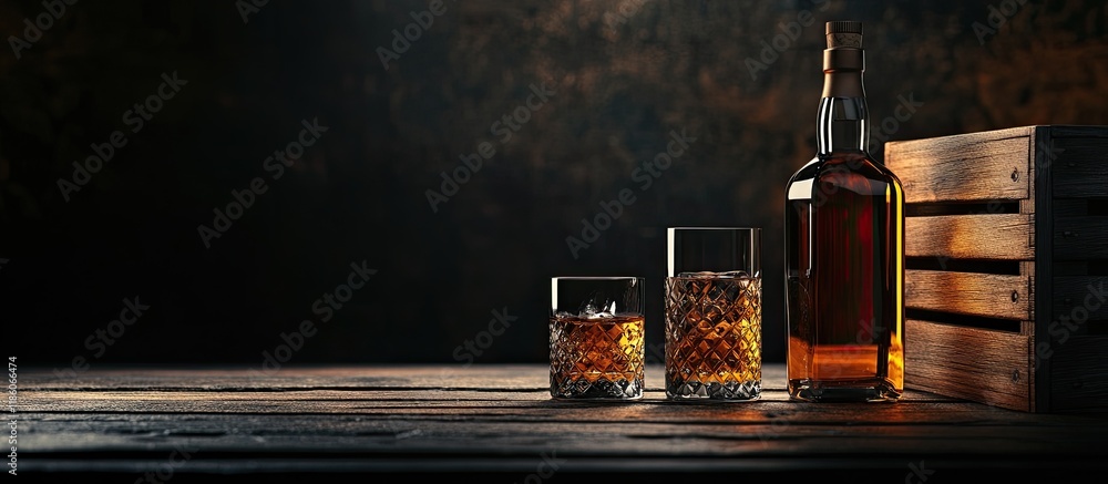 Fototapete Whiskey in a glass and bottle beside a wooden crate on a dark table with a black background Space for text. with copy space image. Place for adding text or design