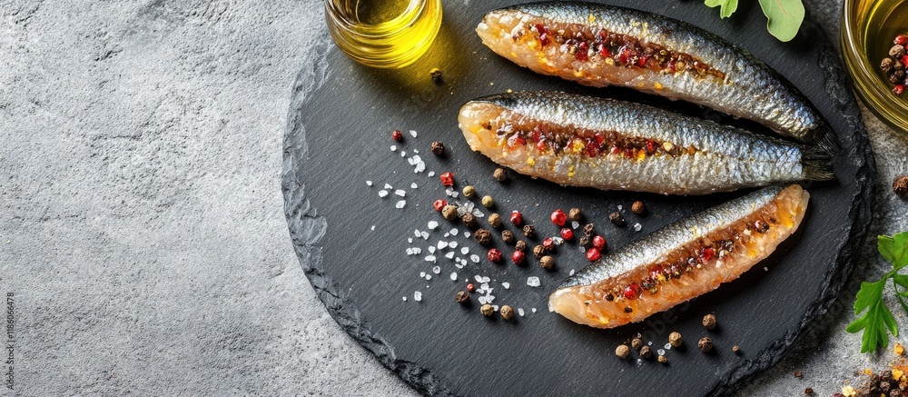 Poster slate plate featuring salted herrings oil and spices on a grey table closeup room for text. with cop