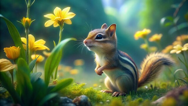 Cute chipmunk, yellow dandelions, soft focus background, forest setting, dreamy atmosphere, digital art, vibrant colors, realistic fur details, wide-eyed expression, fantasy woodland scene, glowing su