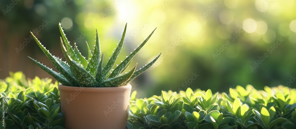 Aufkleber aloe vera thriving in a pot against a background of green bushes. with copy space image. place for a