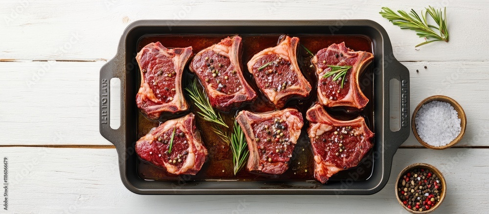 Poster cooking raw lamb mutton steak chops with marinade in a tray on a white rustic wooden table food reci