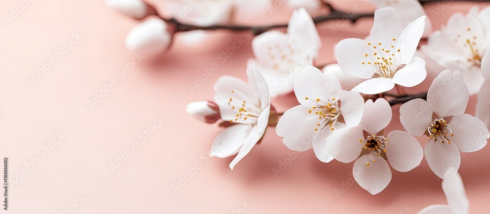 Leinwandbilder white cherry blossom on a pastel pink background featuring a spring nature and holiday layout. with 