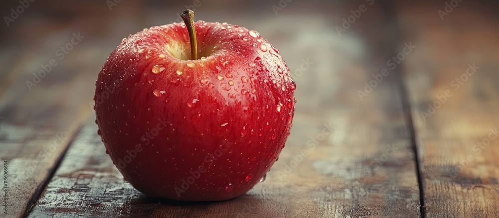 Aufkleber red apple with sliced water droplets on an aging table close up copyspace background
