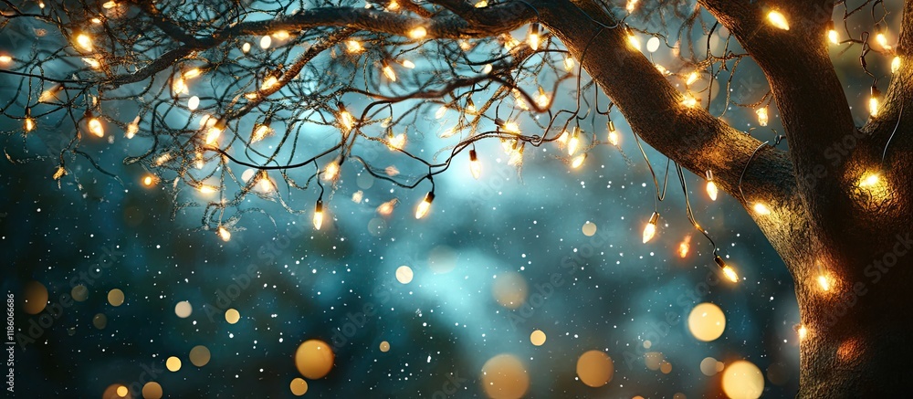 Poster decorative lights hang from the large tree creating a beautiful and fresh ambiance at night the them