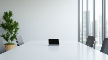 Modern, minimalist office space with tablet on meeting table