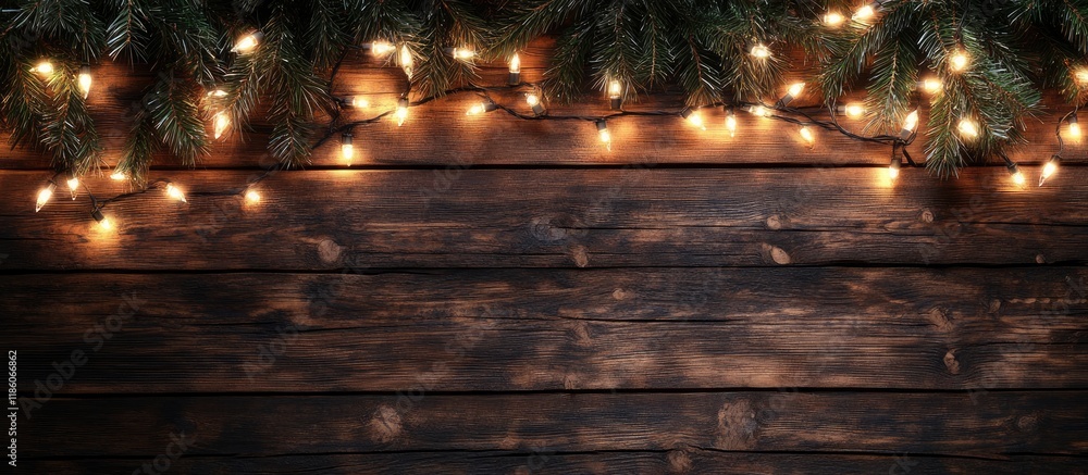 Fototapete Wooden background with lights for Christmas and New Year. with copy space image. Place for adding text or design