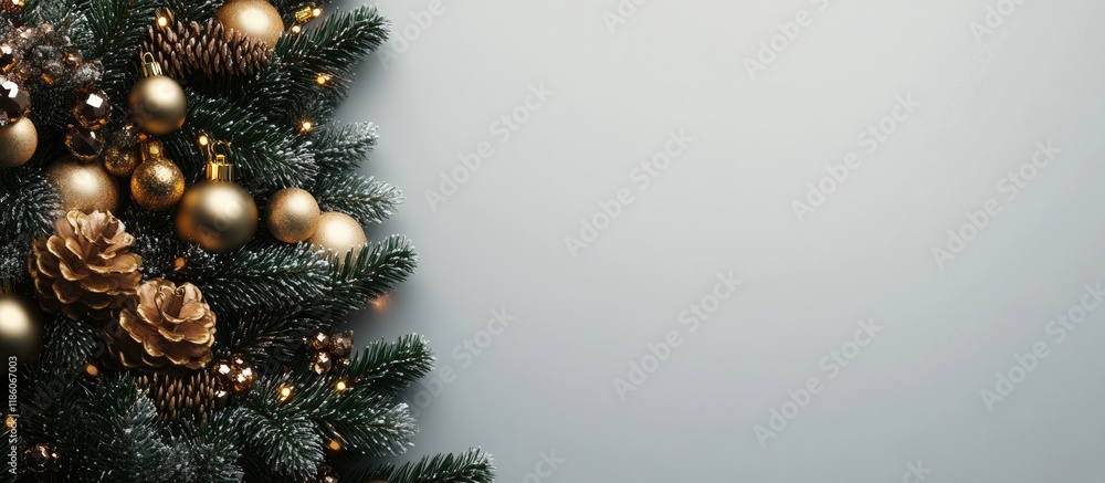 Poster a section of a decorated christmas tree is on the left side of the frame against a gray background w