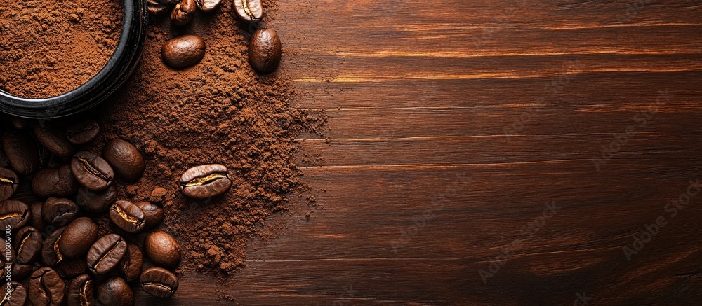 Aufkleber coffee table featuring copy space for your text with coffee beans and ground powder on a wooden back