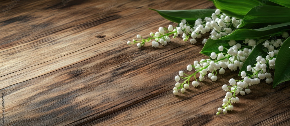 Poster bunch of lilies of the valley on a wooden surface. with copy space image. place for adding text or d