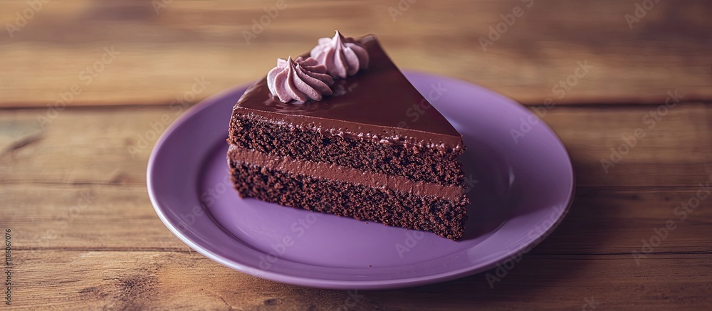 Poster delicious chocolate cake on a purple plate wooden table the idea of food and love. with copy space i