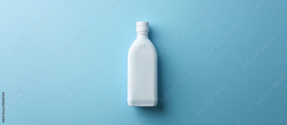 Poster White plastic bottle that contained glue set against a blue background Flat lay top view. with copy space image. Place for adding text or design
