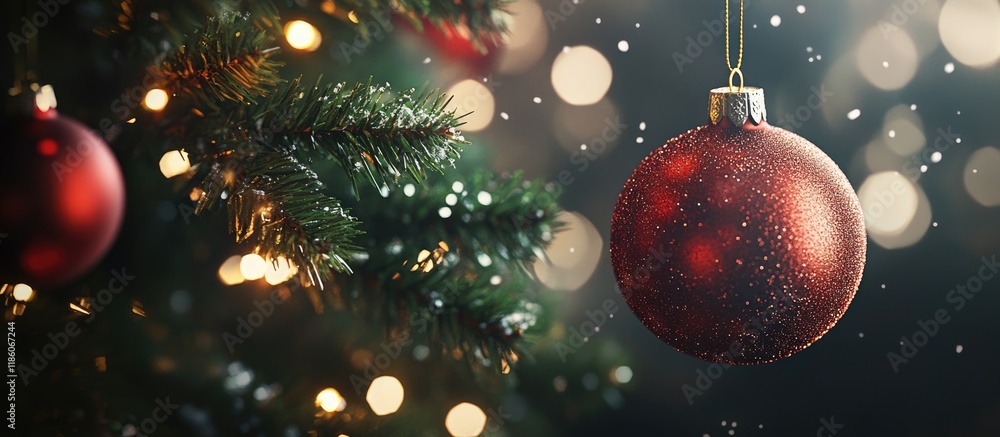 Poster stunning christmas decoration idea bauble suspended on the christmas tree with a shining light spot 