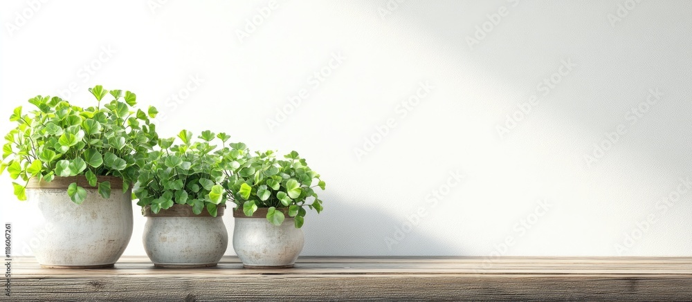 Aufkleber Sorrel plants in containers on a wooden table with a white backdrop. with copy space image. Place for adding text or design