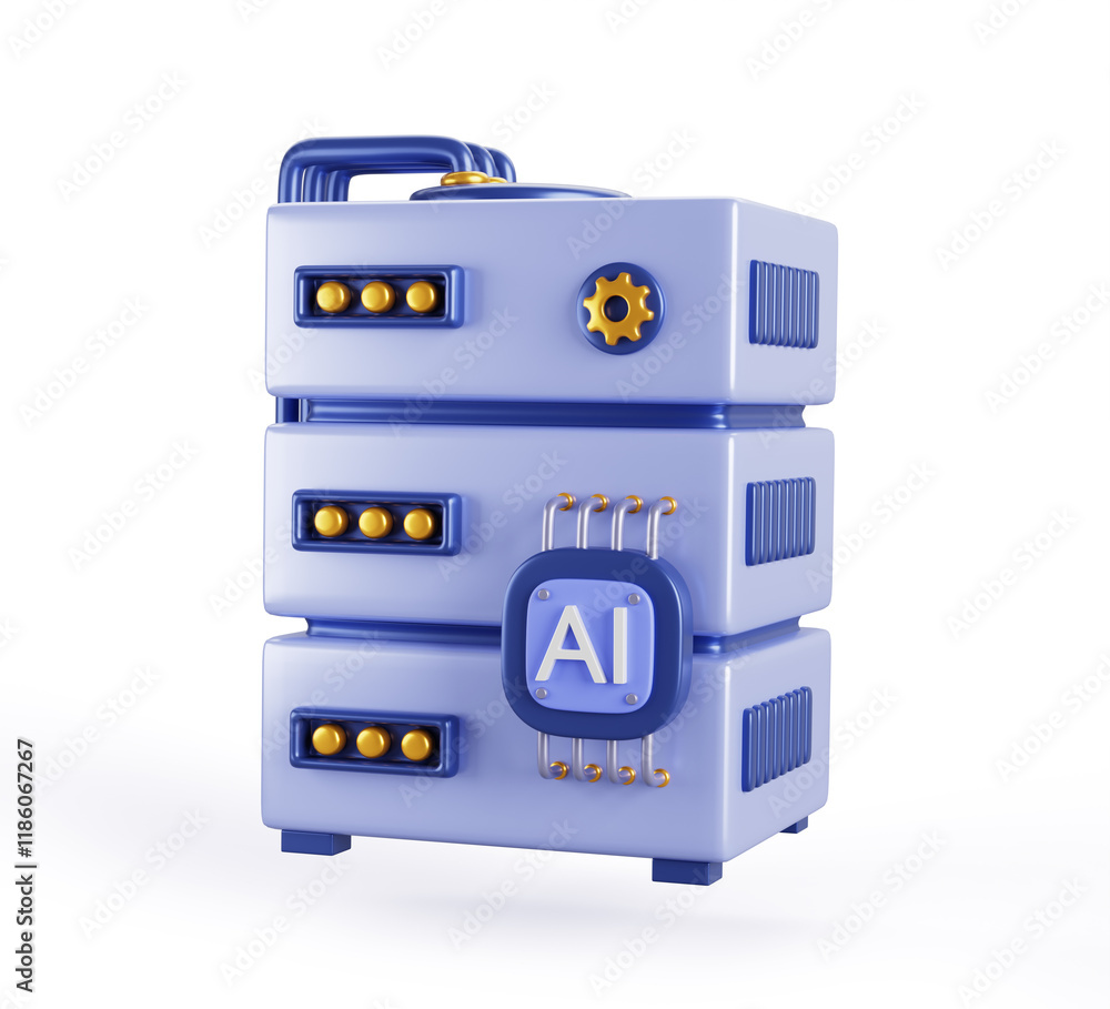 Fototapete AI server 3d render icon. Artificial intelligence computer processor cpu with chip, technology equipment. GPU graphic processing unit for neural network, machine learning, data center. 3D illustration