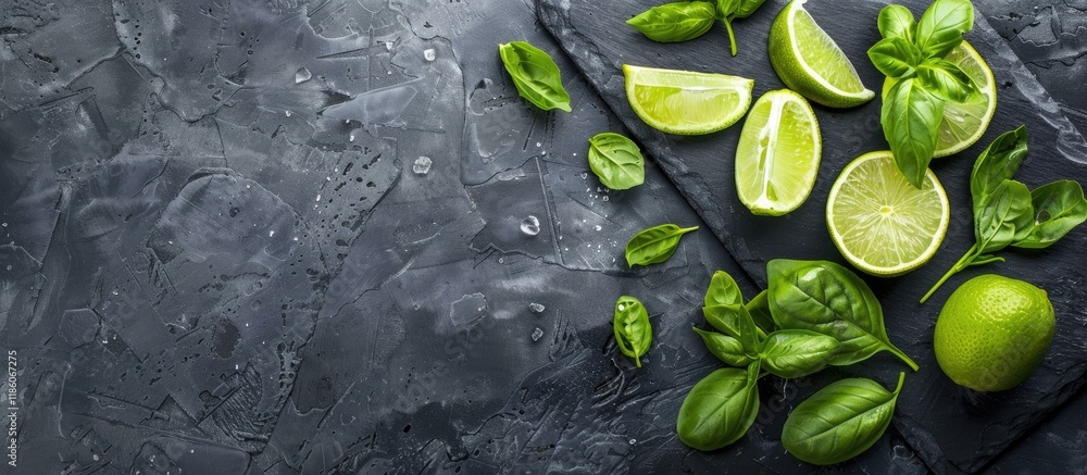 Poster ingredients for a fresh mojito cocktail on a black stone board. with copy space image. place for add