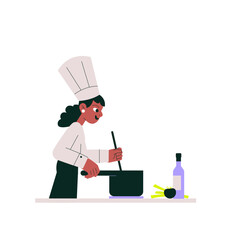 Female Chef Stirring Soup In Flat Vector Illustration Symbolizing Culinary Arts, Cooking Skills, And Food Preparation, Isolated On White Background.