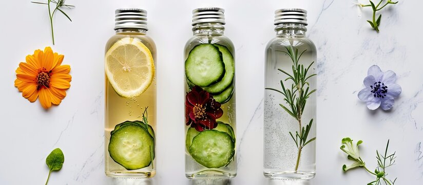 Three glass vials of fresh natural plant based facial toners with copy space Organic infusions of herbs plants and flowers for the face and body Cucumber marigold and rose treatments for the face