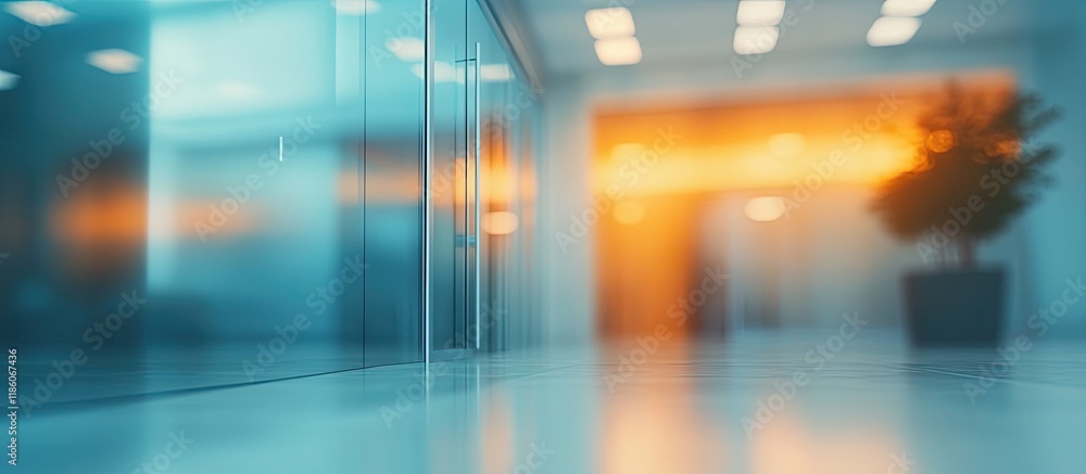 Aufkleber Abstract blur of a modern office interior at the entrance featuring a blue background with an orange light effect concept. with copy space image. Place for adding text or design